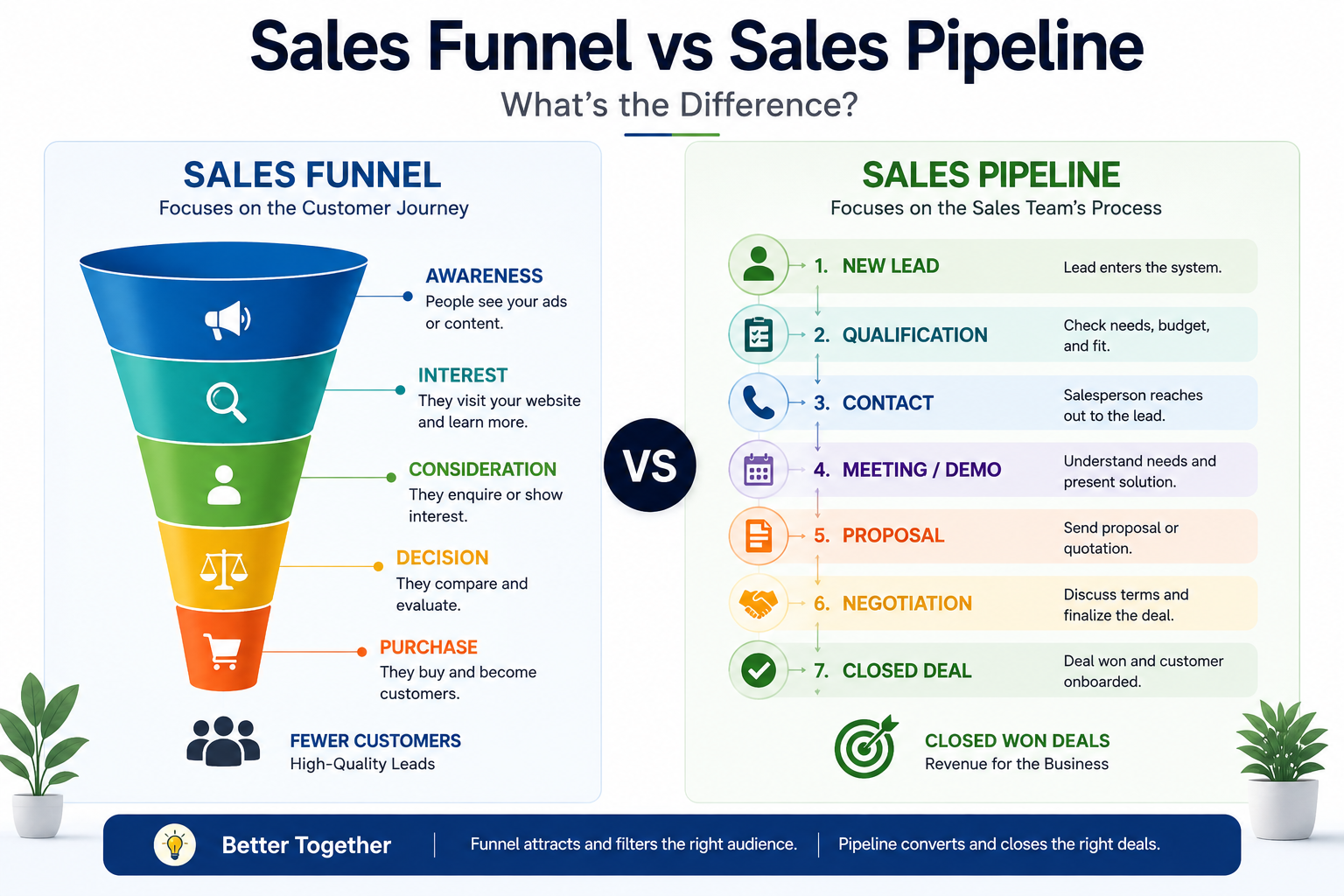 Sales funnel vs sales pipeline showing the customer journey and sales process